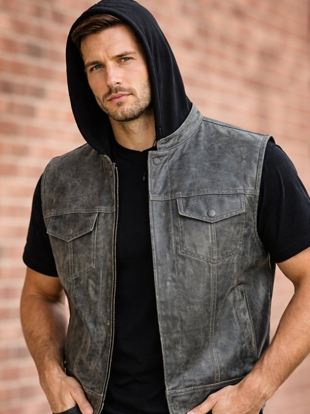 Men's Distressed Gray Hooded Leather Vest Motorcycle Club Concealed Carry